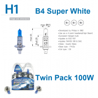 H1 12V 100W Biolight 100008 B4 UV Cut Super White Plus Halogen Globes 7000K Twin Pack